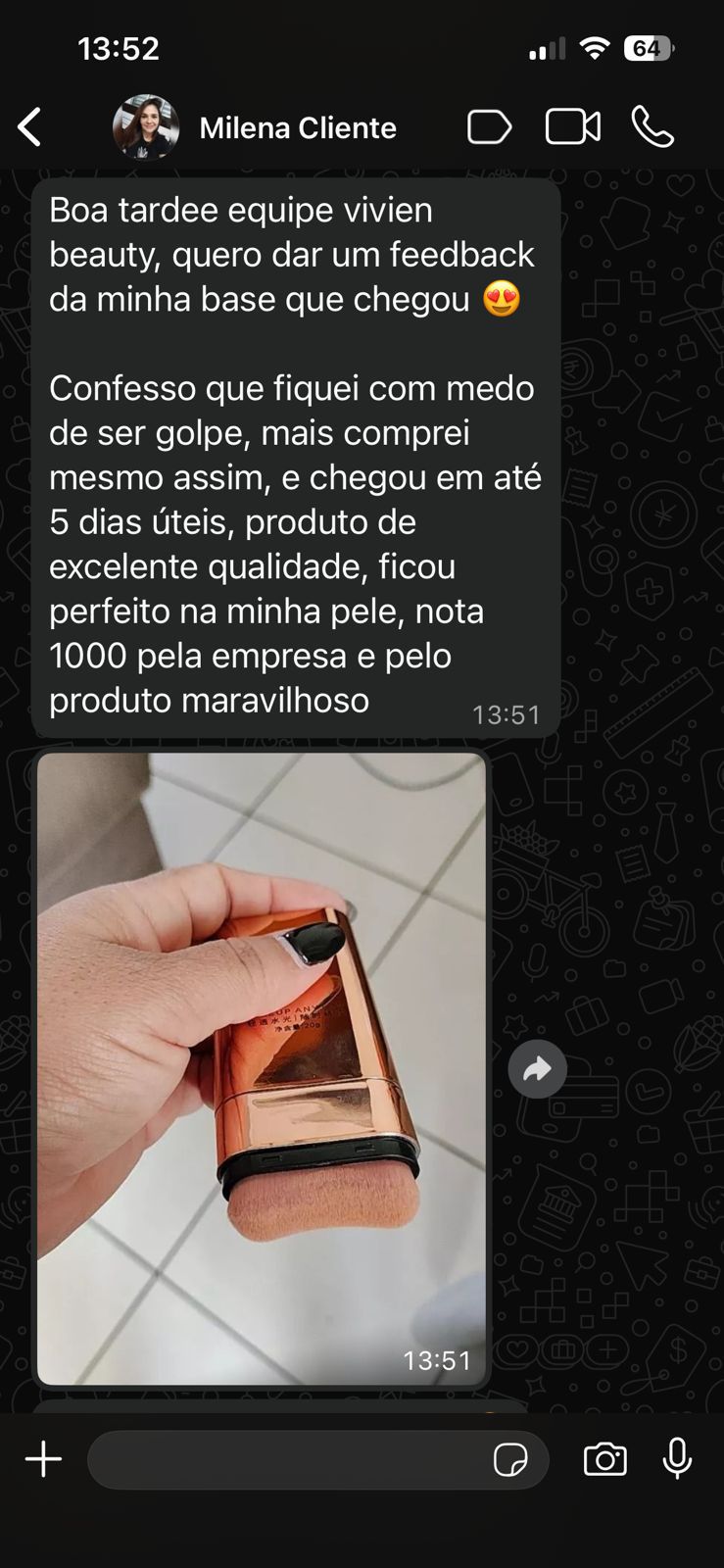 Avaliação cliente Milena
