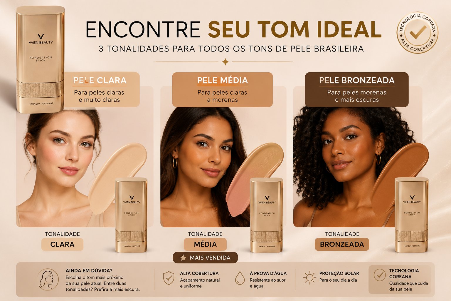 Tonalidades Clara, Média e Bronzeada Vivien Beauty